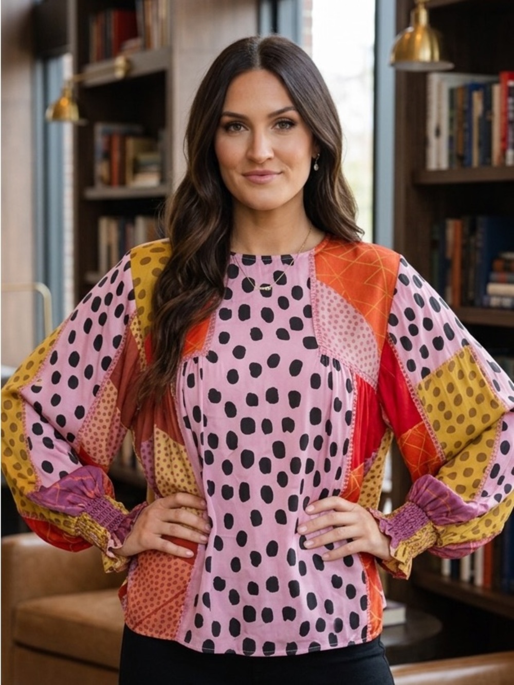 Anthropologie Blank London Colorblock Polka Dot Blouse - Pink, Red & Mustard S